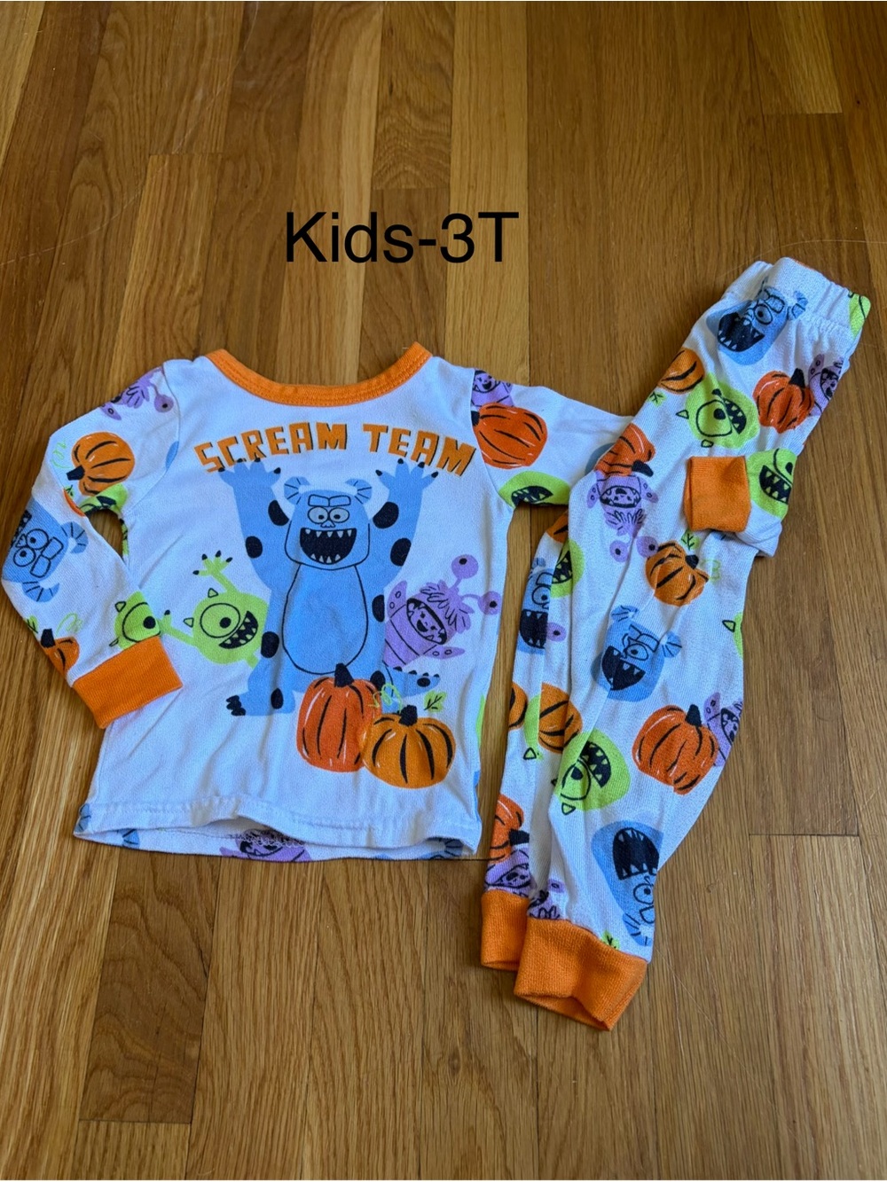 Kids Halloween Pajama Set - White with Orange Pumpkin & Monster Print (3T)
